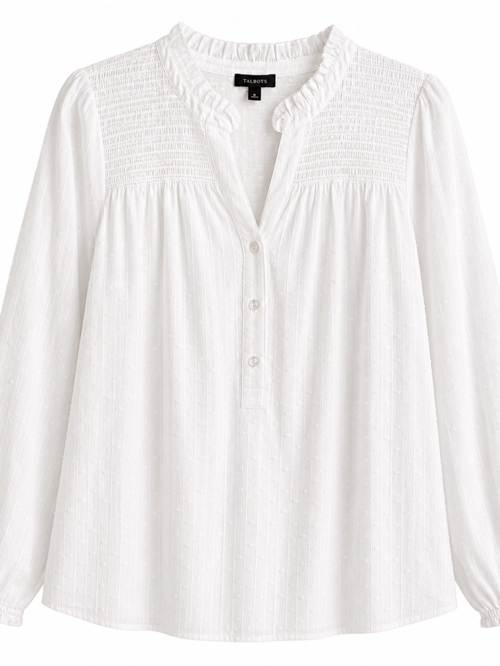 NWT Talbots White Swiss Dot Smocked Cotton Peasant Blouse Medium